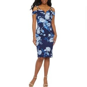 Premier Amour Short Sleeve Off the Shoulder Floral Midi Sheath Dress Navy Size 6